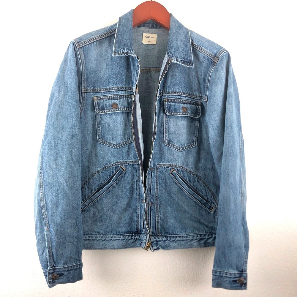 Gap 1969 Mens Zip Front‎ Denim Jacket Medium Tint Blue Cotton Large Utility Y2K